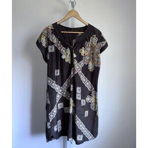 Megan Park Silk Print Shift Dress Size Medium Pullover Cap Sleeves Bohemian